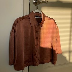 Dynamite Brown Botton Down Cropped Short Sleeve Shirt